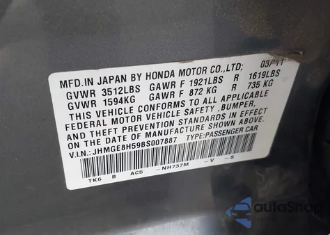 2011 Honda Fit Sport из США, поврежденный, VIN JHMGE8H59BS007887